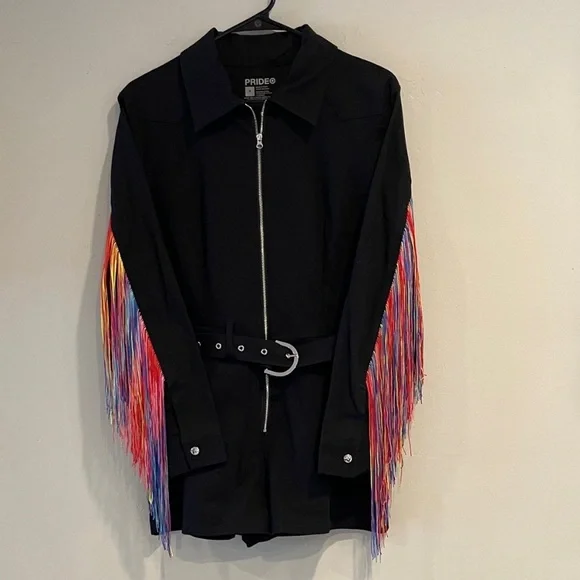 PRIDE Black Shorts Jumpsuit Romper Zip Front w Colorful Fringe Size S  NWT - Picture 5 of 13